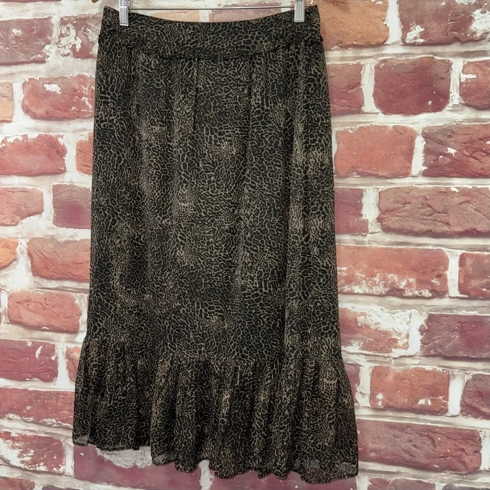 Walter Baker Skirt Womens 8 Black Tan Abstract Animal Print Ruffle Casual Career